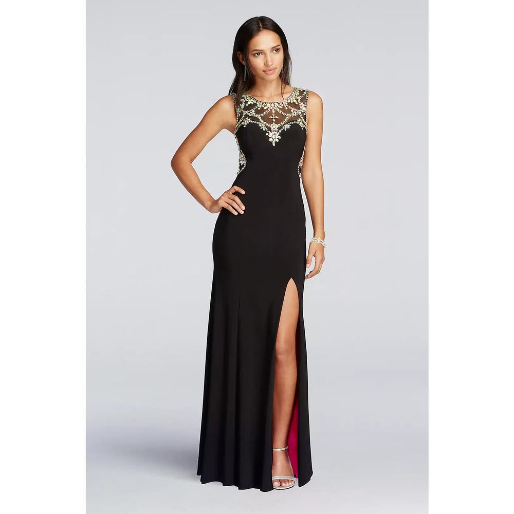Betsy & Adam Illusion Low Back Prom Evening Gown with Crystal Beading and Mesh